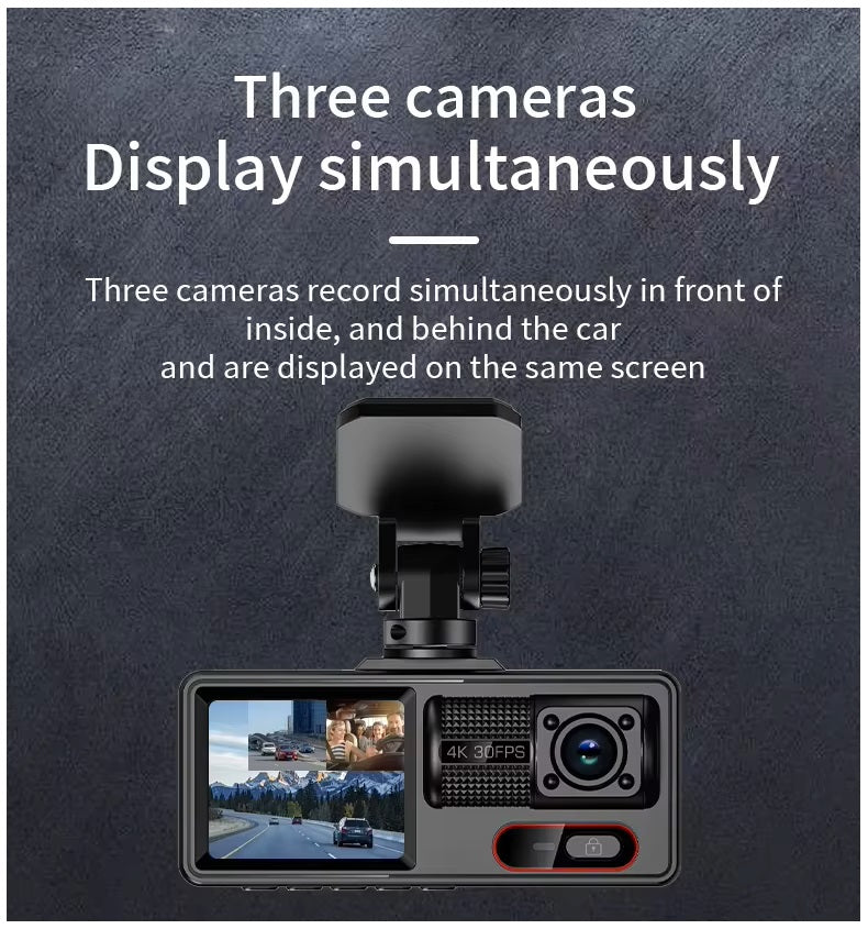Cámara para Coche HD 1080P con Triple Grabación, WiFi, Sensor G, Visión Nocturna y Asistencia de Reversa
