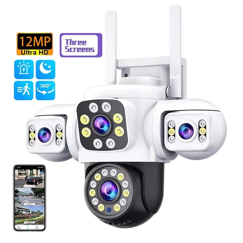 Cámara de Seguridad WiFi Exterior 12MP con Triple Lente, Visión Nocturna en Color y Seguimiento Automático