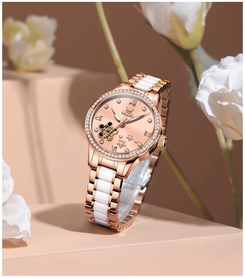 Reloj Automático Mujer Elegante 32mm Acero Inoxidable y Cerámica Diseño Floral Cristales Decorativos