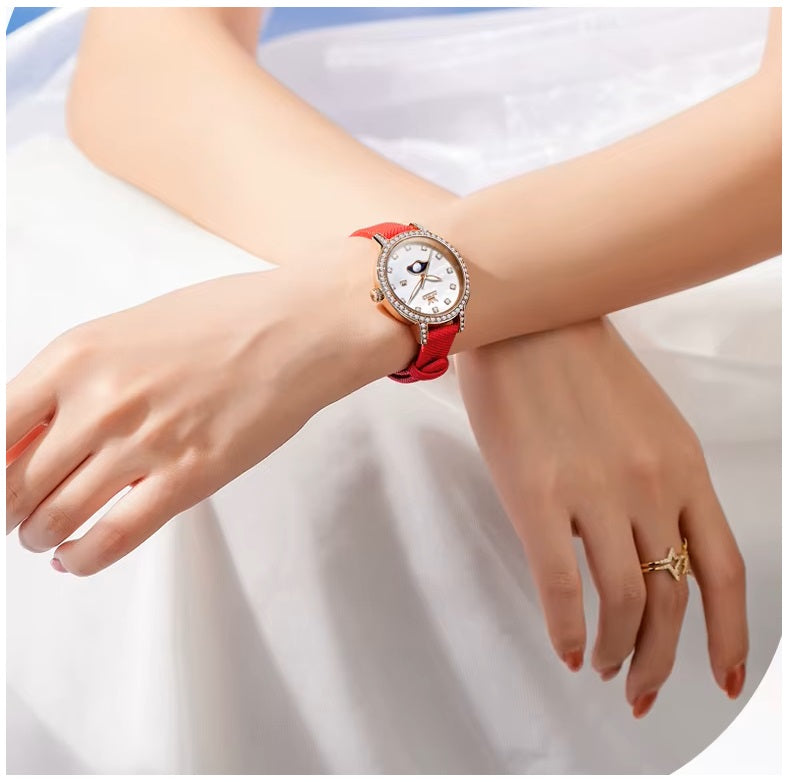 Reloj de Pulsera Mujer Elegante con Fase Lunar y Correa de Cuero Rojo