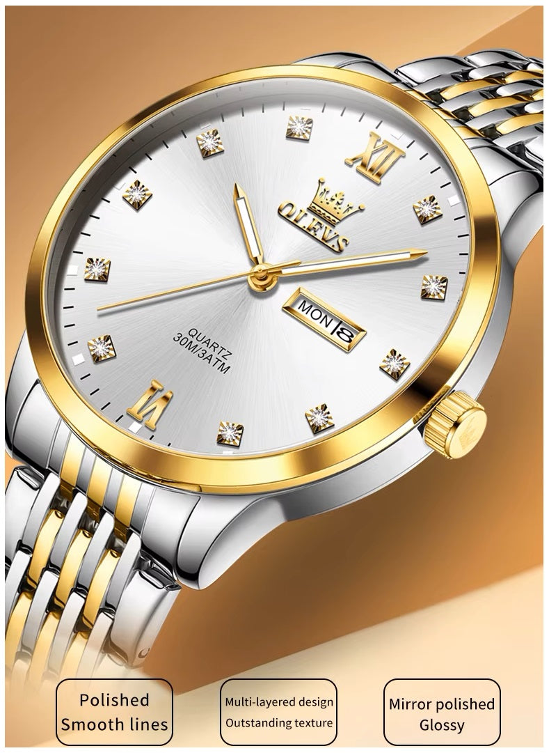 Reloj de Hombre Elegante Movimiento Cuarzo Bicolor Acero Inoxidable
