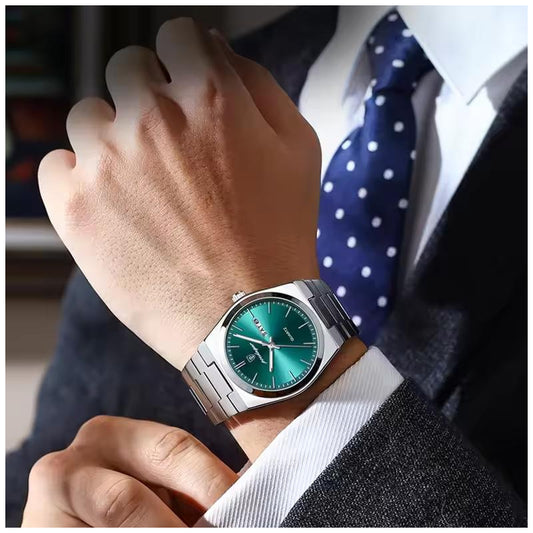 Reloj Analógico de Cuarzo para Hombre con Calendario Día y Fecha, Correa de Acero Inoxidable, Cristal Mineral, Resistente al Agua 3 BAR, Manecillas Luminosas