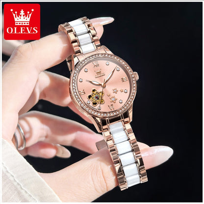 Reloj Automático Mujer Elegante 32mm Acero Inoxidable y Cerámica Diseño Floral Cristales Decorativos