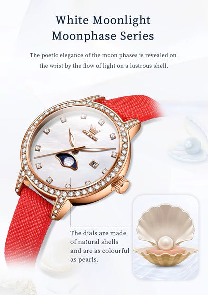 Reloj de Pulsera Mujer Elegante con Fase Lunar y Correa de Cuero Rojo