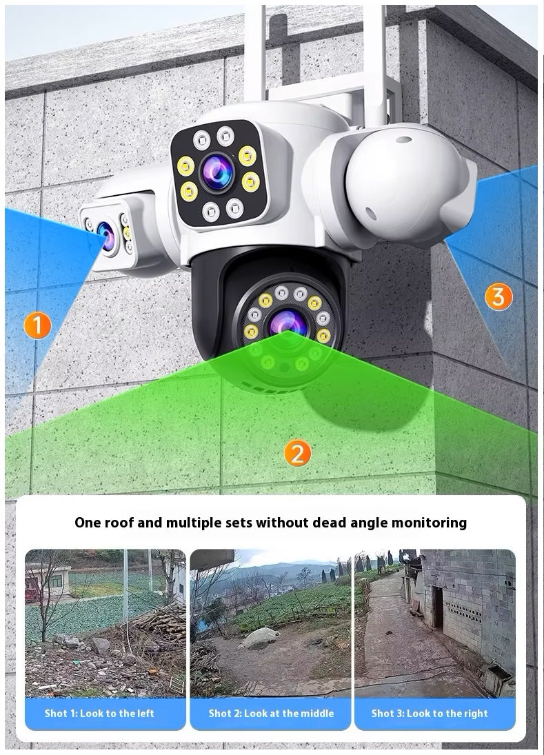 Cámara de Seguridad WiFi Exterior 12MP con Triple Lente, Visión Nocturna en Color y Seguimiento Automático