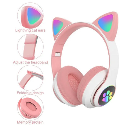 Audífonos inalámbricos Bluetooth RGB Orejas gato BT 5.0 Rosado
