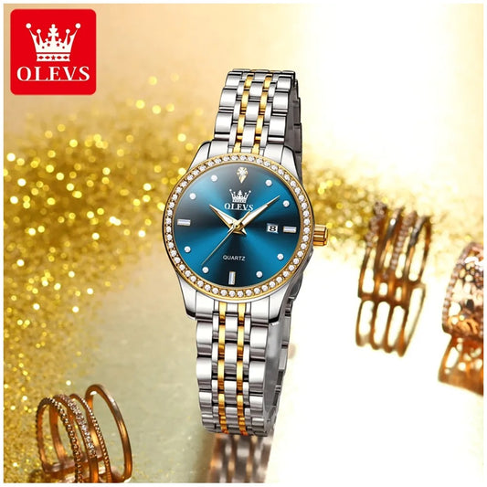 Reloj de Pulsera Lujo Mujer Cuarzo, Esfera Azul, Circonias Brillantes