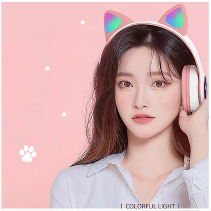 Audífonos inalámbricos Bluetooth RGB Orejas gato BT 5.0 Rosado