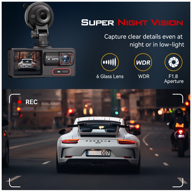Cámara para Coche HD 1080P con Triple Grabación, WiFi, Sensor G, Visión Nocturna y Asistencia de Reversa
