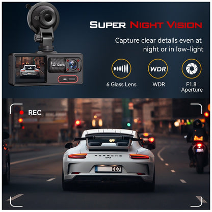 Cámara para Coche HD 1080P con Triple Grabación, WiFi, Sensor G, Visión Nocturna y Asistencia de Reversa
