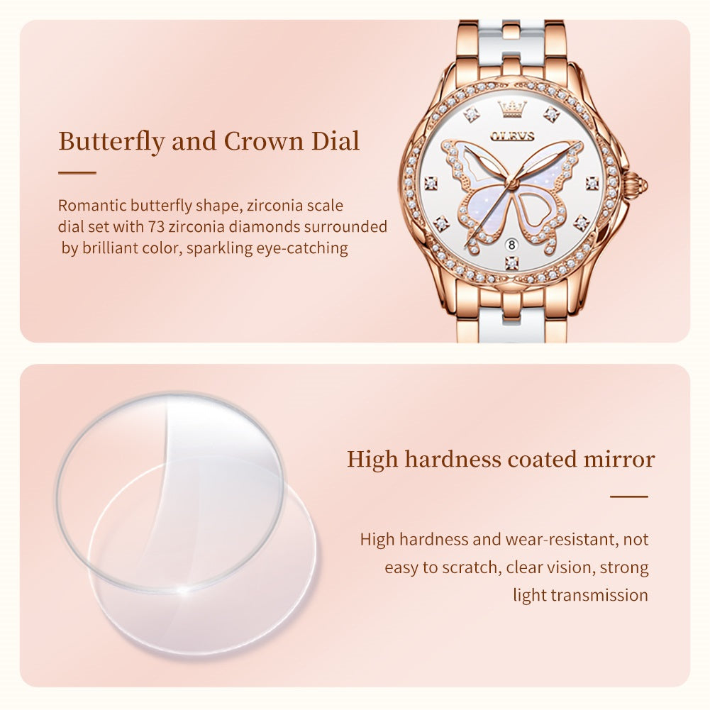 Reloj de Pulsera Elegante Mujer Esfera Mariposa y Detalles de Zirconia