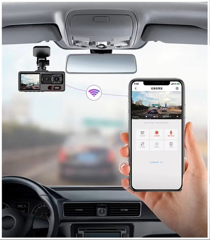 Cámara para Coche HD 1080P con Triple Grabación, WiFi, Sensor G, Visión Nocturna y Asistencia de Reversa