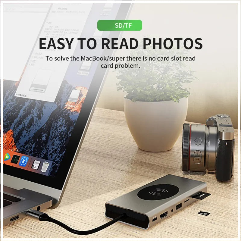 Hub Adaptador USB Tipo-C 15 en 1 con HDMI 4K, Ethernet Gigabit, PD 87W y Carga Magnética para Smartphone – Compatible con MacBook y Windows