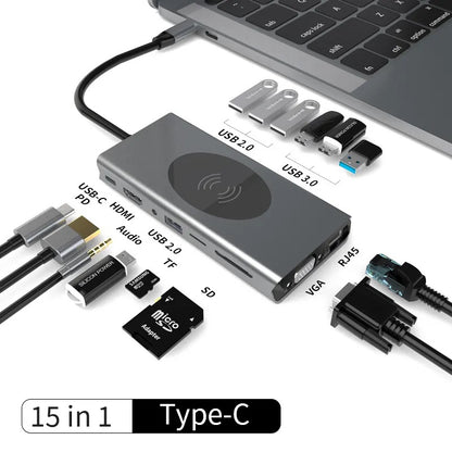 Hub Adaptador USB Tipo-C 15 en 1 con HDMI 4K, Ethernet Gigabit, PD 87W y Carga Magnética para Smartphone – Compatible con MacBook y Windows