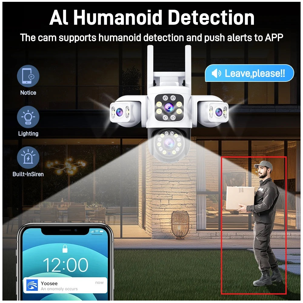 Cámara de Seguridad WiFi Exterior 12MP con Triple Lente, Visión Nocturna en Color y Seguimiento Automático