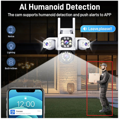 Cámara de Seguridad WiFi Exterior 12MP con Triple Lente, Visión Nocturna en Color y Seguimiento Automático