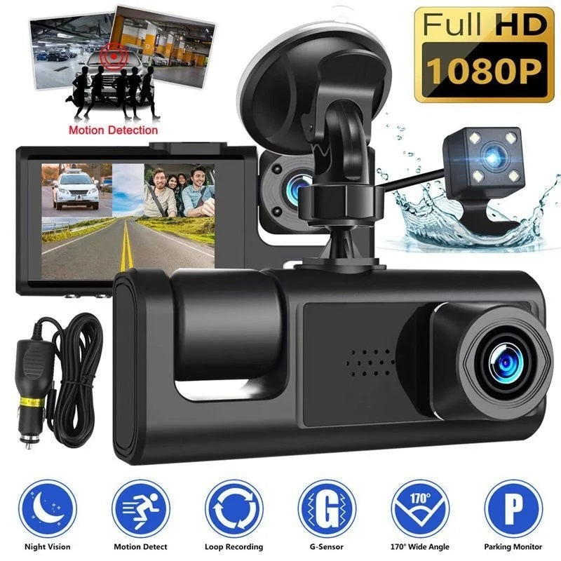 Cámara DVR para Auto Full HD 1080P 3 Canales Visión Nocturna WiFi Detección de Movimiento