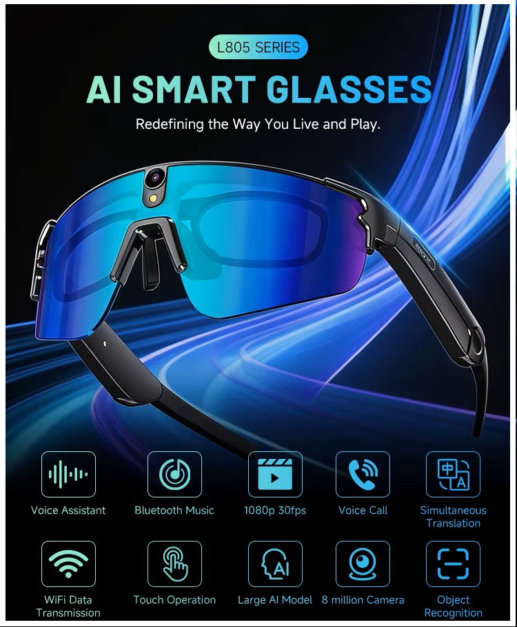 Gafas Inteligentes con IA 1080P Cámara 8MP, Traducción en Tiempo Real, Bluetooth 5.4, Uso Deportivo y Profesional