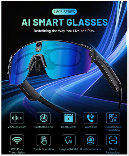 Gafas Inteligentes con IA 1080P Cámara 8MP, Traducción en Tiempo Real, Bluetooth 5.4, Uso Deportivo y Profesional