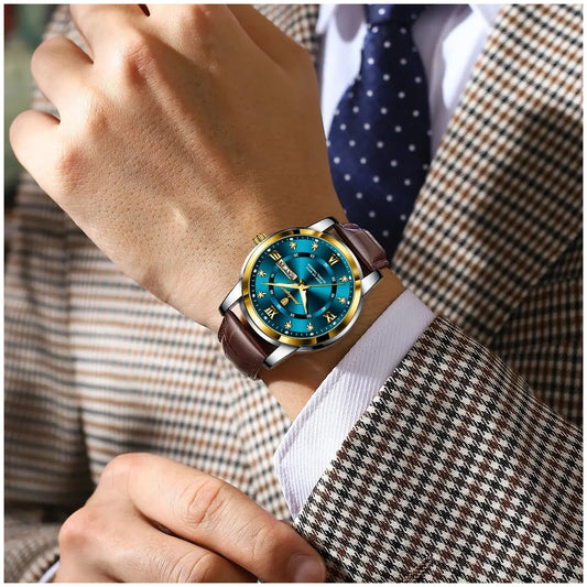Reloj Analógico de Cuarzo para Hombre con Calendario Completo, Día y Fecha, Correa de Cuero, Cristal Mineral Reforzado