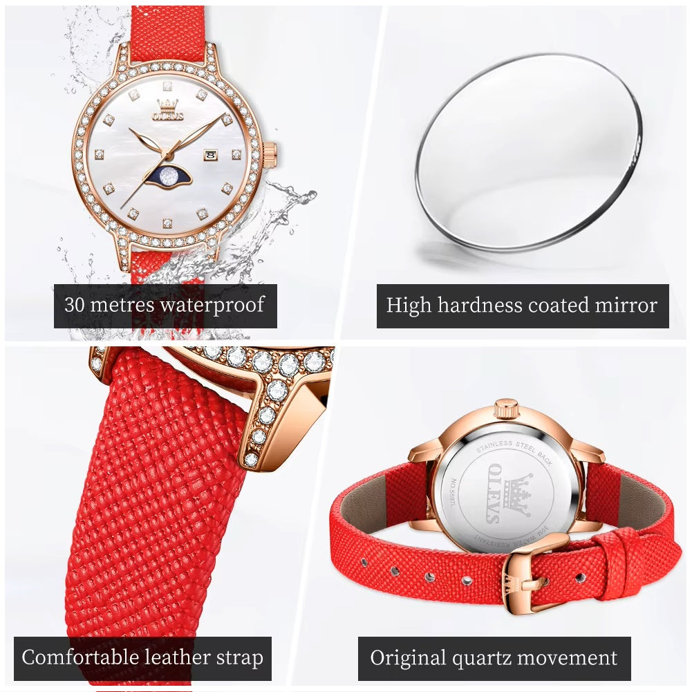 Reloj de Pulsera Mujer Elegante con Fase Lunar y Correa de Cuero Rojo