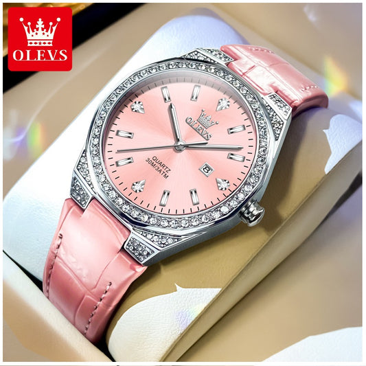 Reloj de Cuarzo para Mujer Correa de Cuero Rosa, Esfera de Cristales