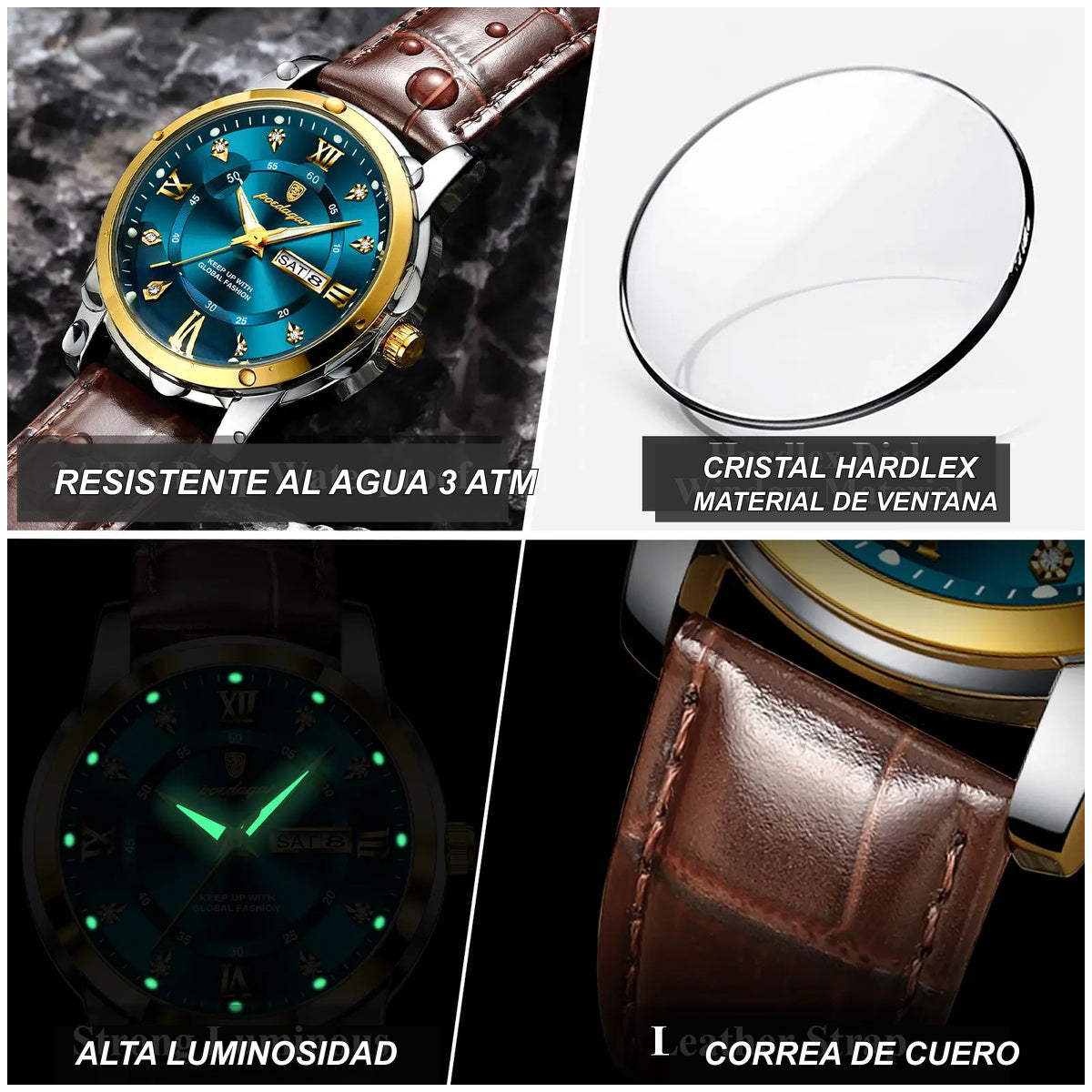 Reloj Analógico de Cuarzo para Hombre con Calendario Completo, Día y Fecha, Correa de Cuero, Cristal Mineral Reforzado