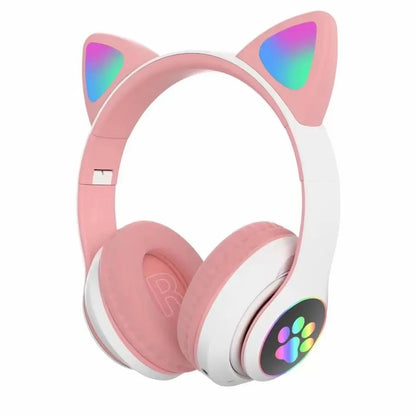 Audífonos inalámbricos Bluetooth RGB Orejas gato BT 5.0 Rosado