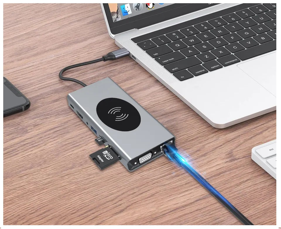 Hub Adaptador USB Tipo-C 15 en 1 con HDMI 4K, Ethernet Gigabit, PD 87W y Carga Magnética para Smartphone – Compatible con MacBook y Windows