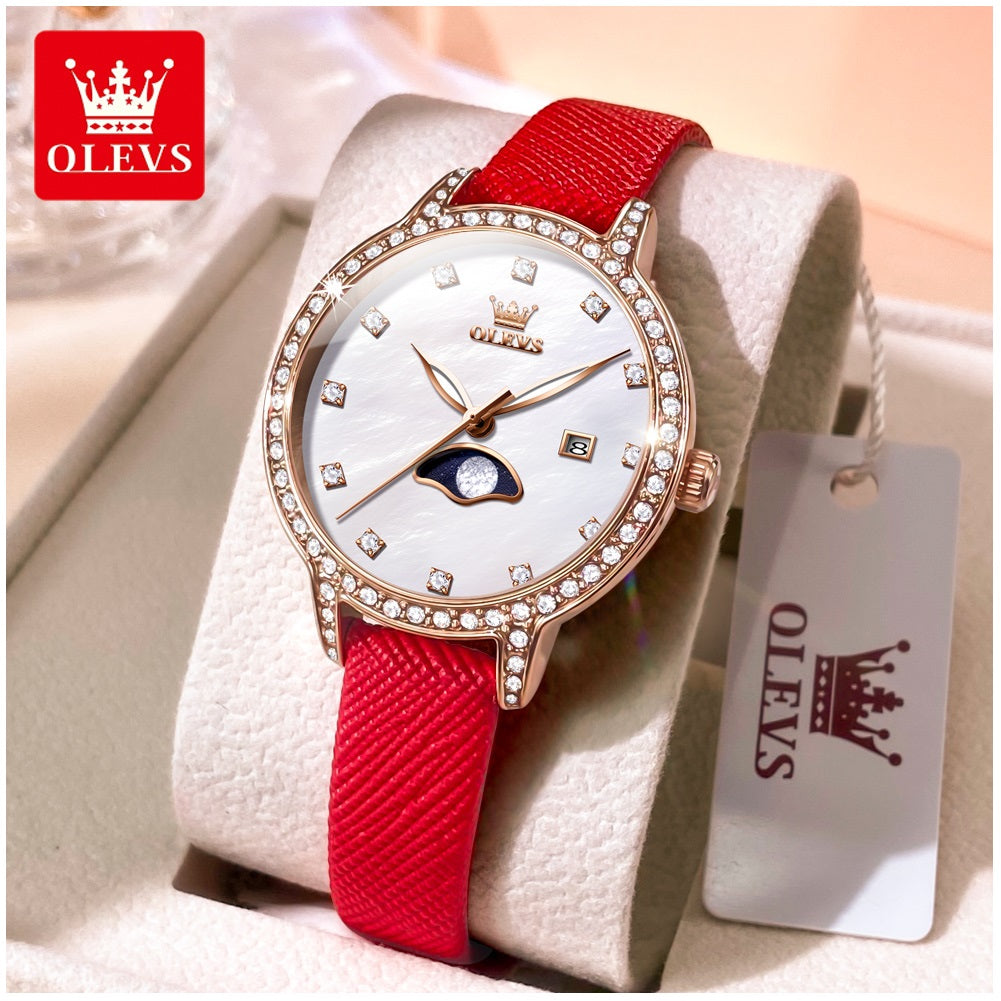 Reloj de Pulsera Mujer Elegante con Fase Lunar y Correa de Cuero Rojo