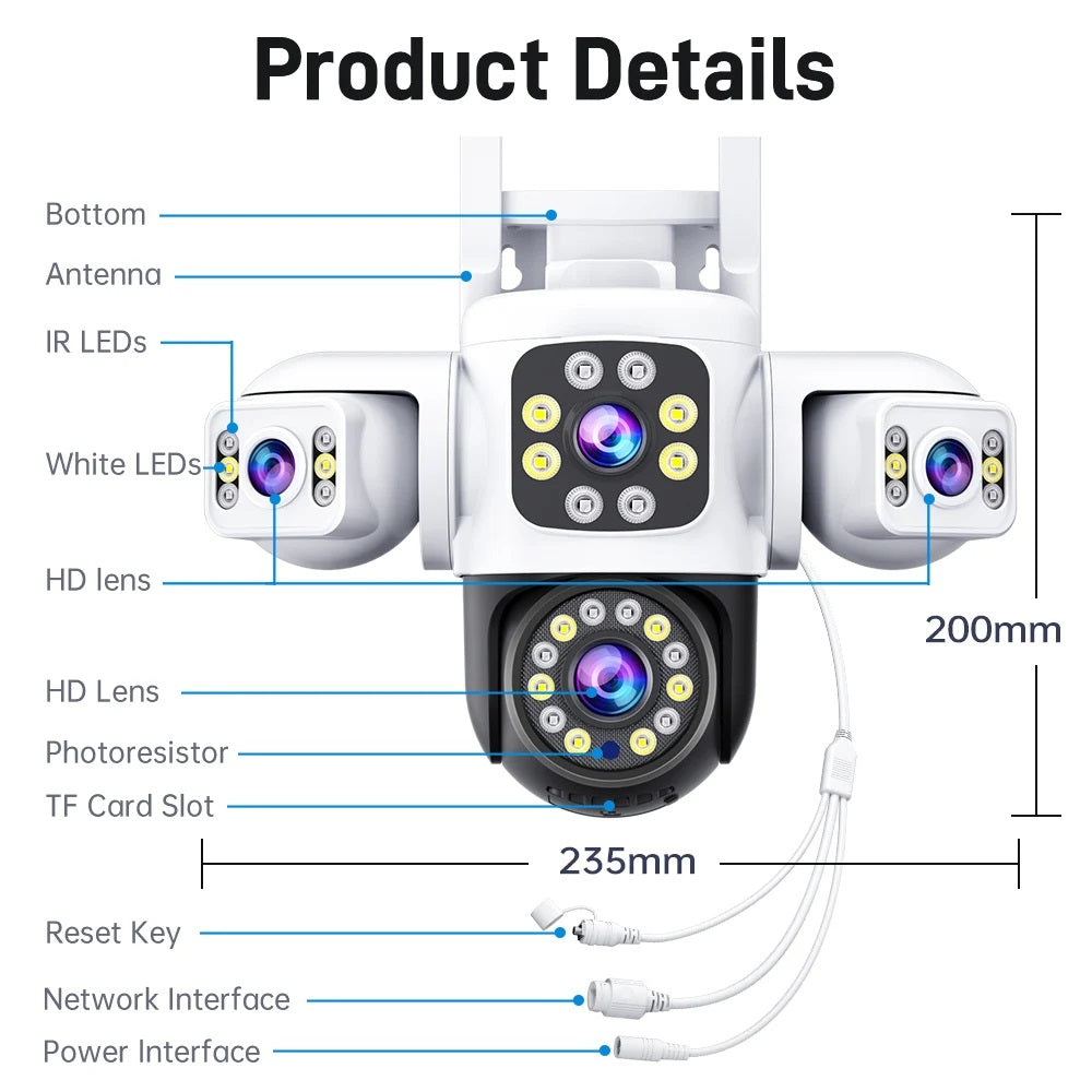 Cámara de Seguridad WiFi Exterior 12MP con Triple Lente, Visión Nocturna en Color y Seguimiento Automático