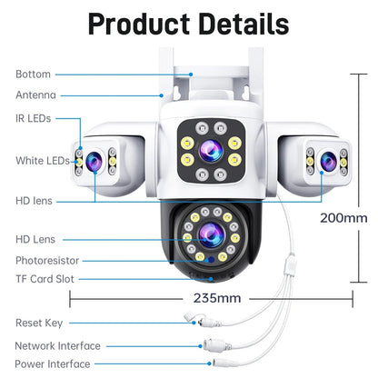 Cámara de Seguridad WiFi Exterior 12MP con Triple Lente, Visión Nocturna en Color y Seguimiento Automático