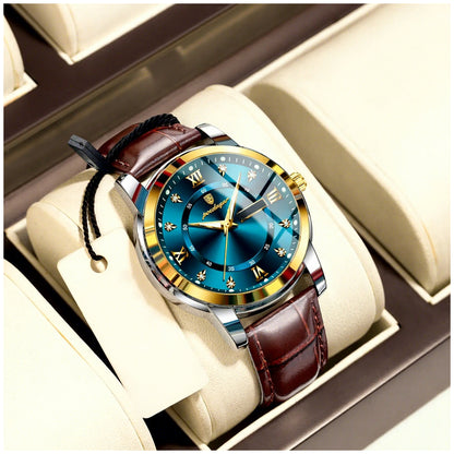 Reloj Analógico de Cuarzo para Hombre con Calendario Completo, Día y Fecha, Correa de Cuero, Cristal Mineral Reforzado