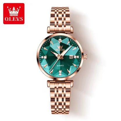 Reloj de Cuarzo para Mujer Esfera Esmeralda Detalles de Cristal Correa Acero Inoxidable