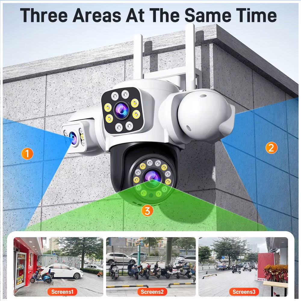 Cámara de Seguridad WiFi Exterior 12MP con Triple Lente, Visión Nocturna en Color y Seguimiento Automático