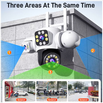 Cámara de Seguridad WiFi Exterior 12MP con Triple Lente, Visión Nocturna en Color y Seguimiento Automático