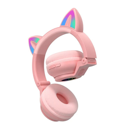 Audífonos inalámbricos Bluetooth RGB Orejas gato BT 5.0 Rosado