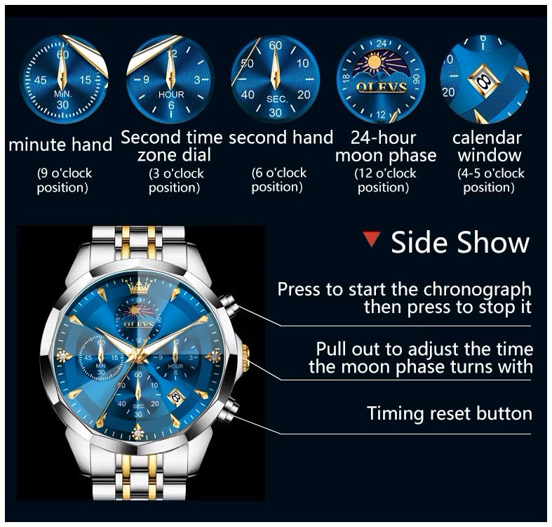 Reloj de Pulsera Hombre Acero Inoxidable Azul con Cronógrafo