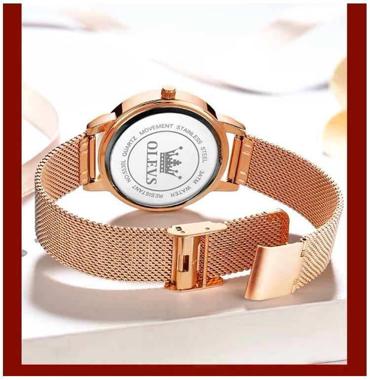 Reloj de Mujer Diseño Elegante Pulsera Metálica de Malla Rosa Dorado