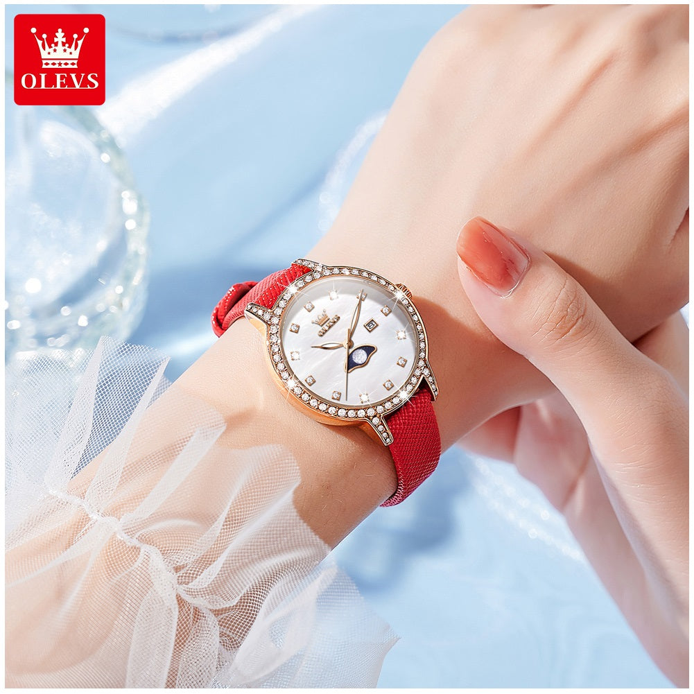 Reloj de Pulsera Mujer Elegante con Fase Lunar y Correa de Cuero Rojo