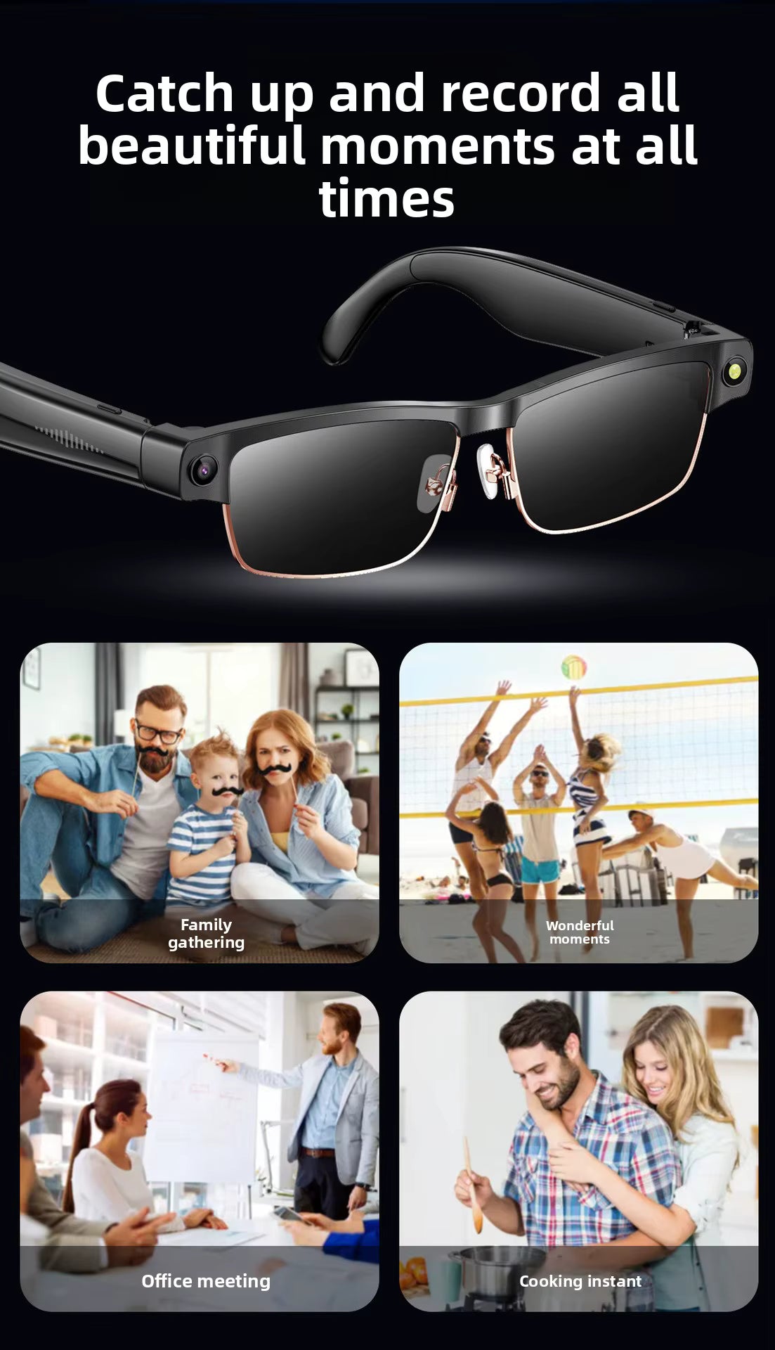 Gafas Inteligentes Cámara HD 8MP, Grabación 1200P, Traducción AI, WiFi, Bluetooth y Auriculares Integrados IPX5