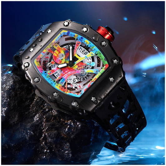 Reloj Analógico de Cuarzo para Hombre 50 mm Diseño Tonneau Esqueleto con Manecillas Luminosas Correa de Silicona Resistente al Agua