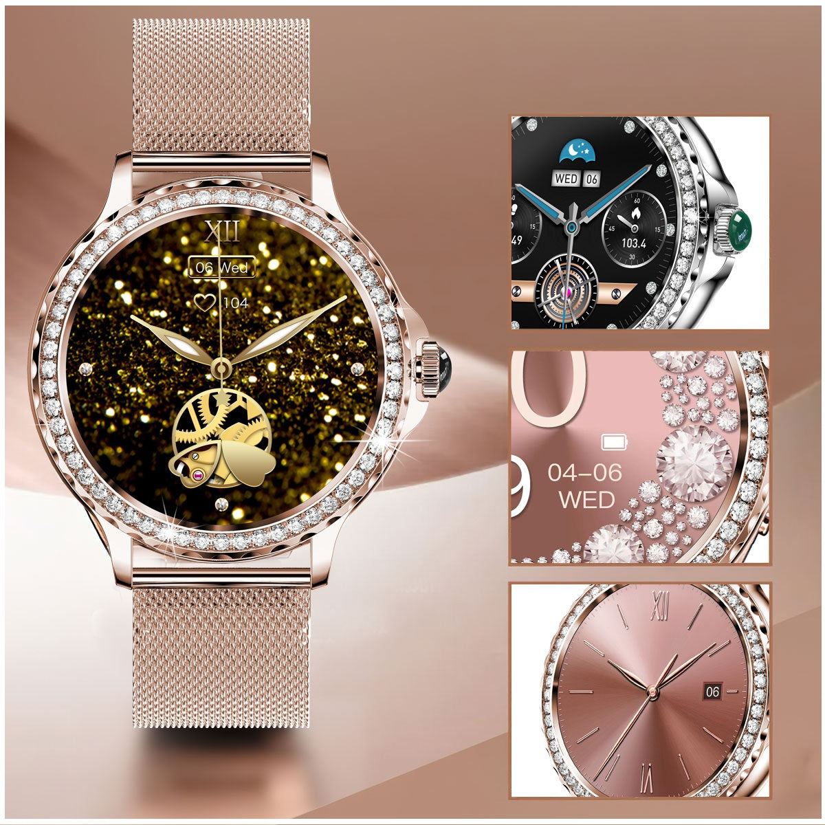 Smartwatch Elegante I58 para Mujer Llamadas Bluetooth Monitor de Salud IP67 Correa de Acero Milanesa
