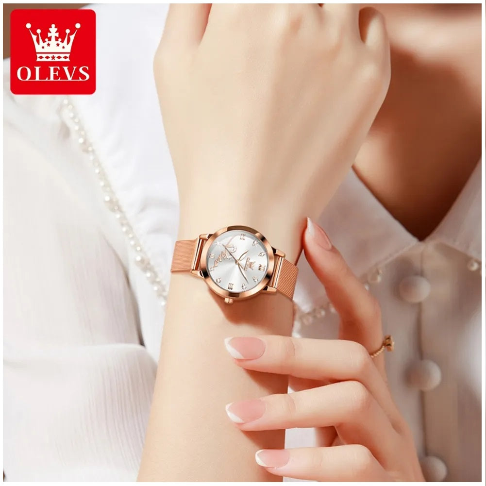 Reloj de Mujer Diseño Elegante Pulsera Metálica de Malla Rosa Dorado