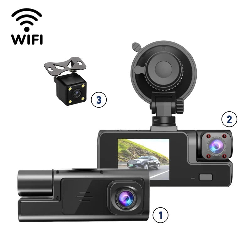 Cámara DVR para Auto Full HD 1080P 3 Canales Visión Nocturna WiFi Detección de Movimiento