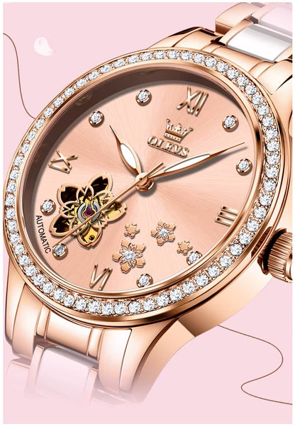 Reloj Automático Mujer Elegante 32mm Acero Inoxidable y Cerámica Diseño Floral Cristales Decorativos