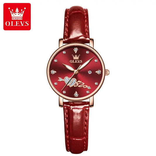 Reloj elegante de mujer correa cuero rojo diseño corazón con cristales