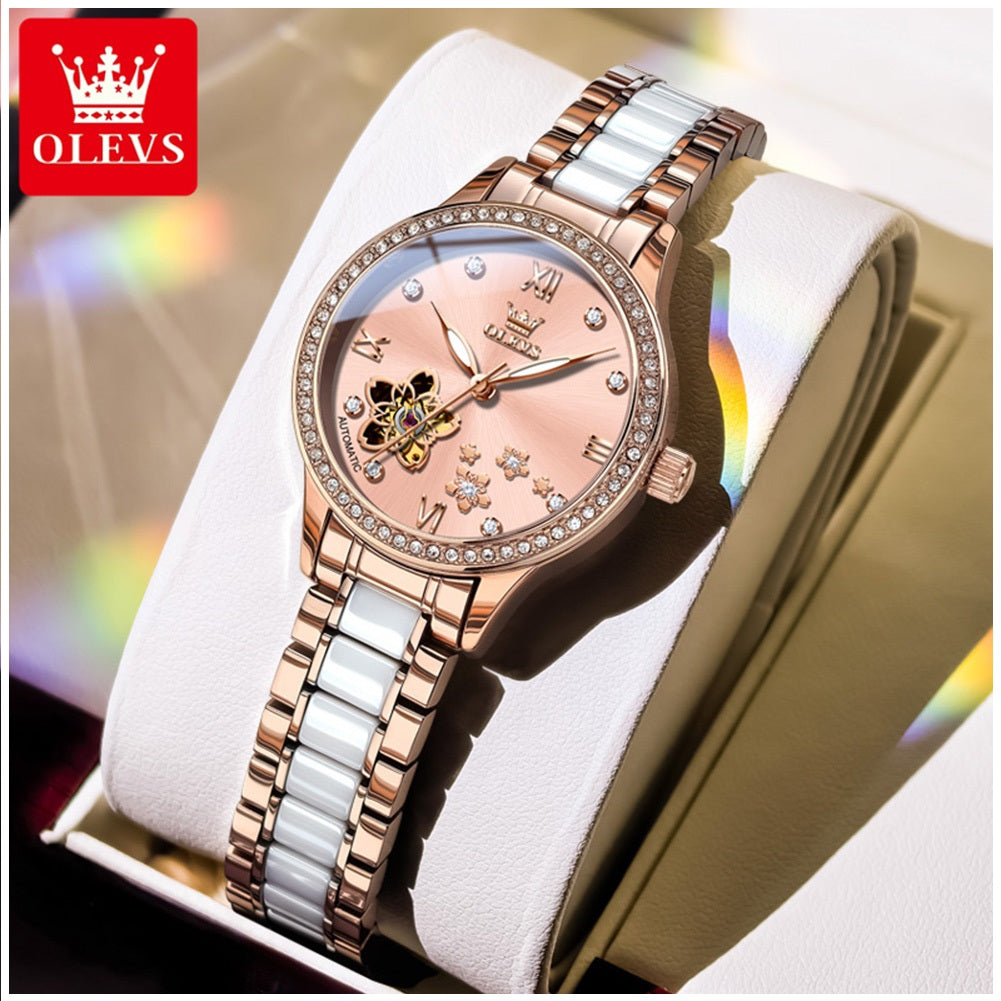 Reloj Automático Mujer Elegante 32mm Acero Inoxidable y Cerámica Diseño Floral Cristales Decorativos