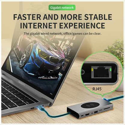 Hub Adaptador USB Tipo-C 15 en 1 con HDMI 4K, Ethernet Gigabit, PD 87W y Carga Magnética para Smartphone – Compatible con MacBook y Windows