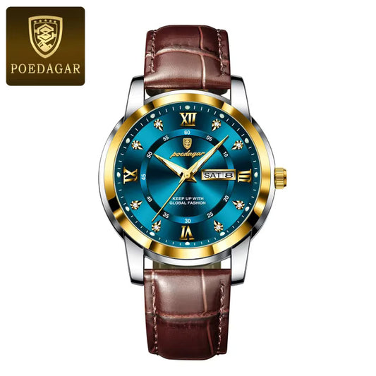 Reloj Analógico de Cuarzo para Hombre con Calendario Completo, Día y Fecha, Correa de Cuero, Cristal Mineral Reforzado